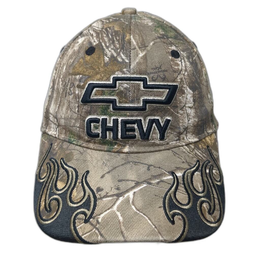 Signatures Chevy Baseball Cap Brown XL Camo Flames Bowtie Logo Stretch Fit Hat